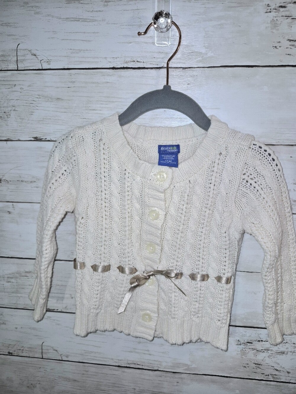 NWOT 12 Month Genuine Kid Cream Cable Knit Button Cardigan with Tan/Brown Ribbon